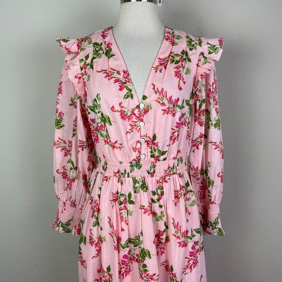 Banjanan Peach PInk Floral Ruffle Long Sleeve Maxi Cottage Dress Large - Picture 3 of 9